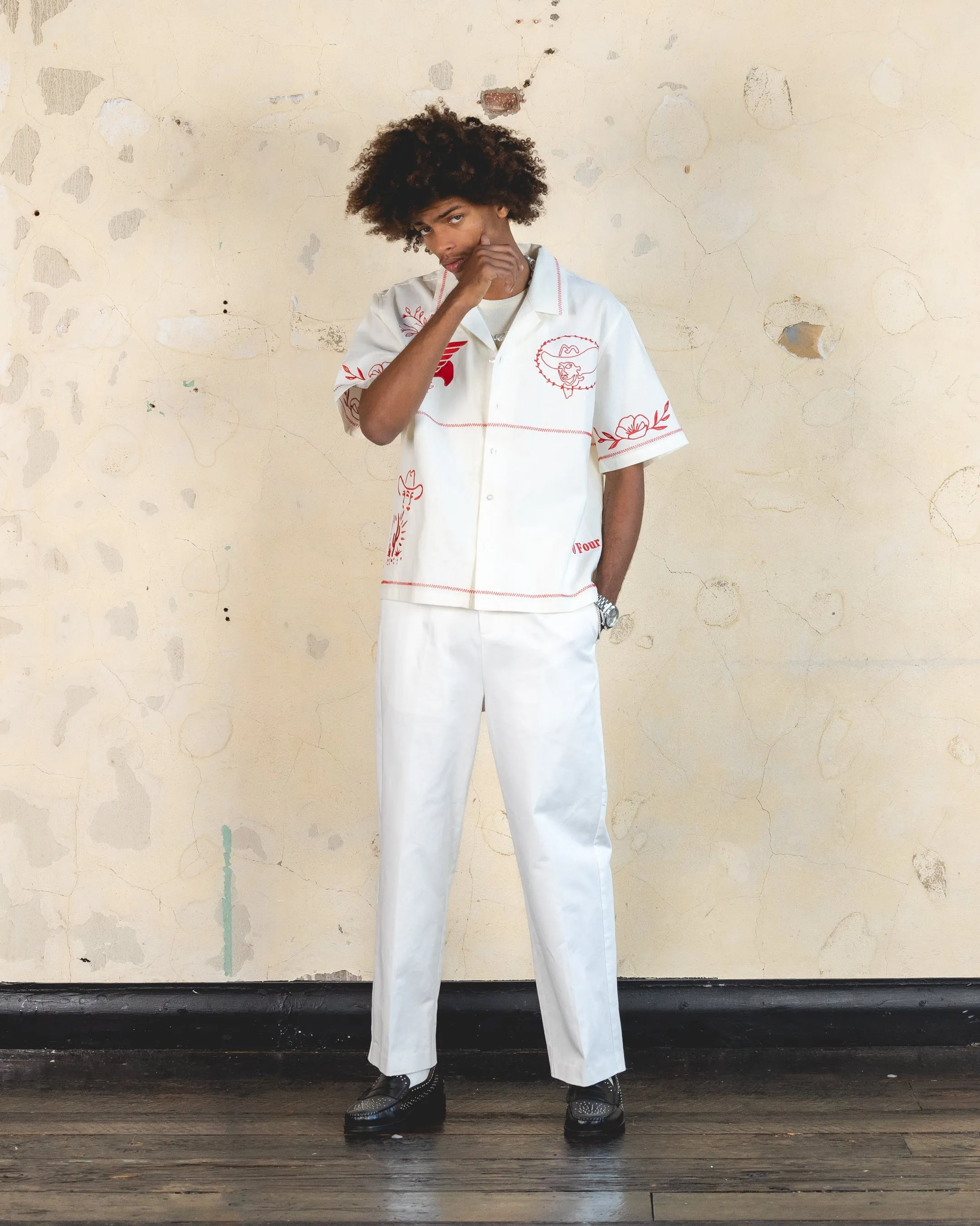 404 Frontier Embroidered Button Up Shirt Off White