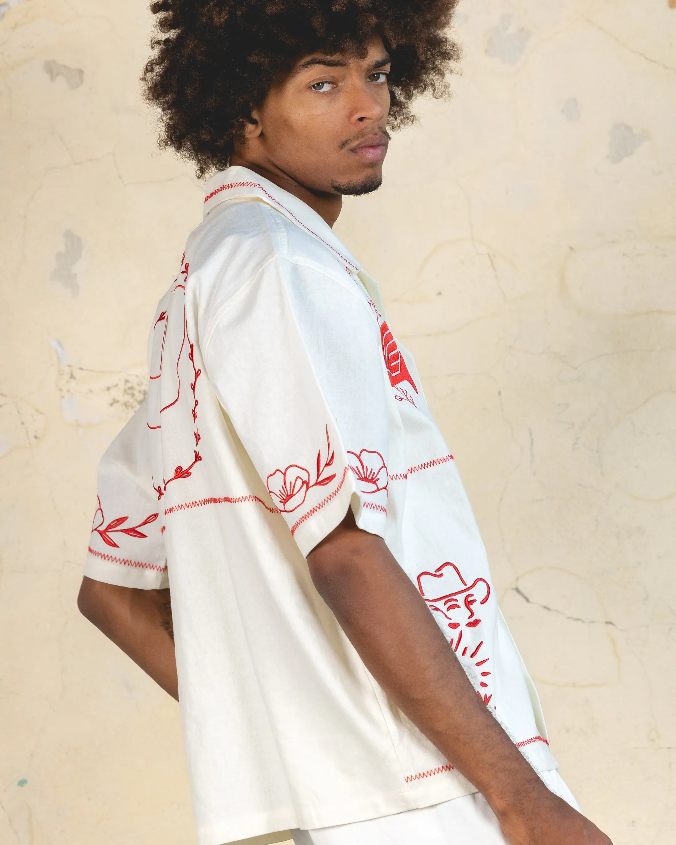 404 Frontier Embroidered Button Up Shirt Off White