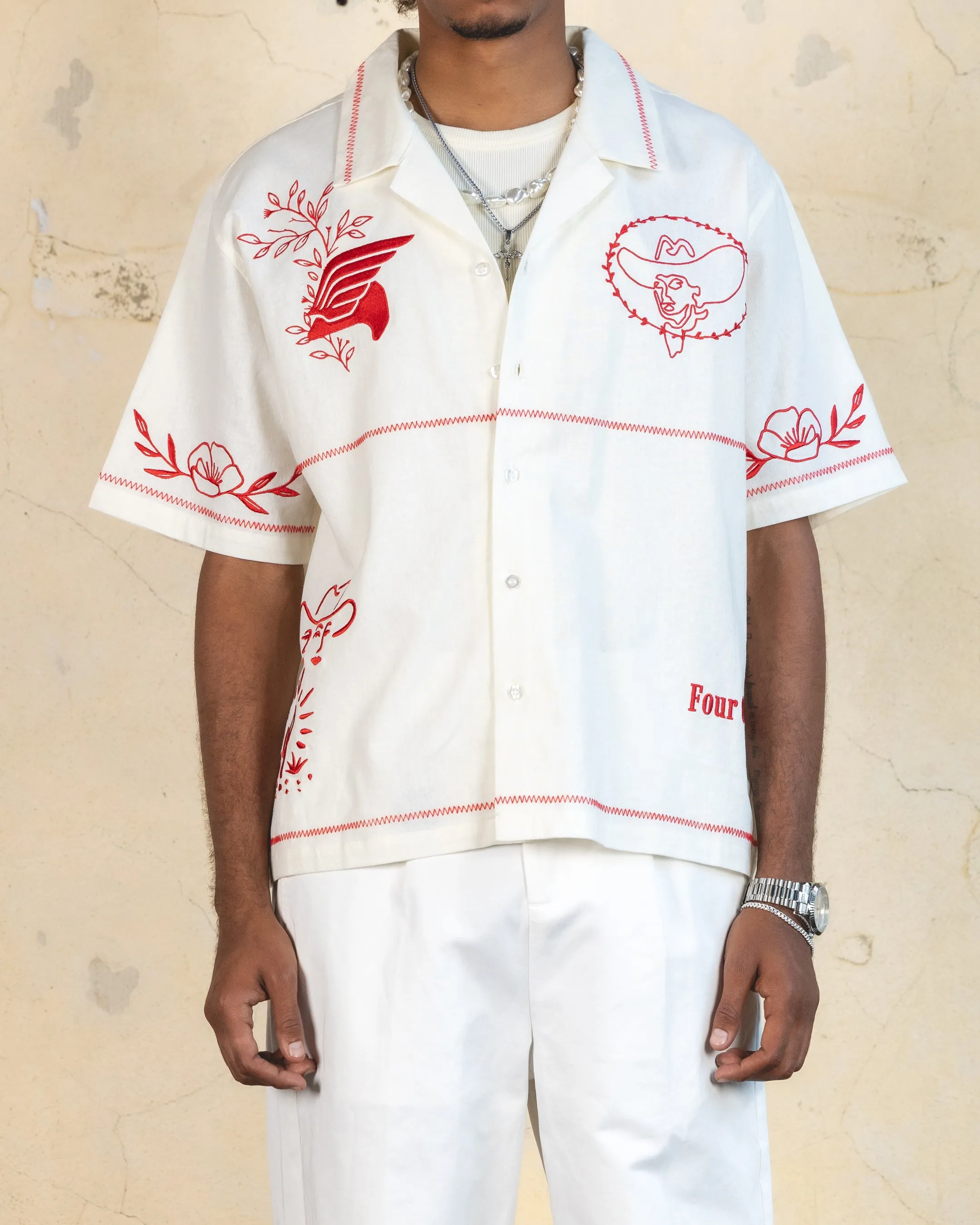 404 Frontier Embroidered Button Up Shirt Off White