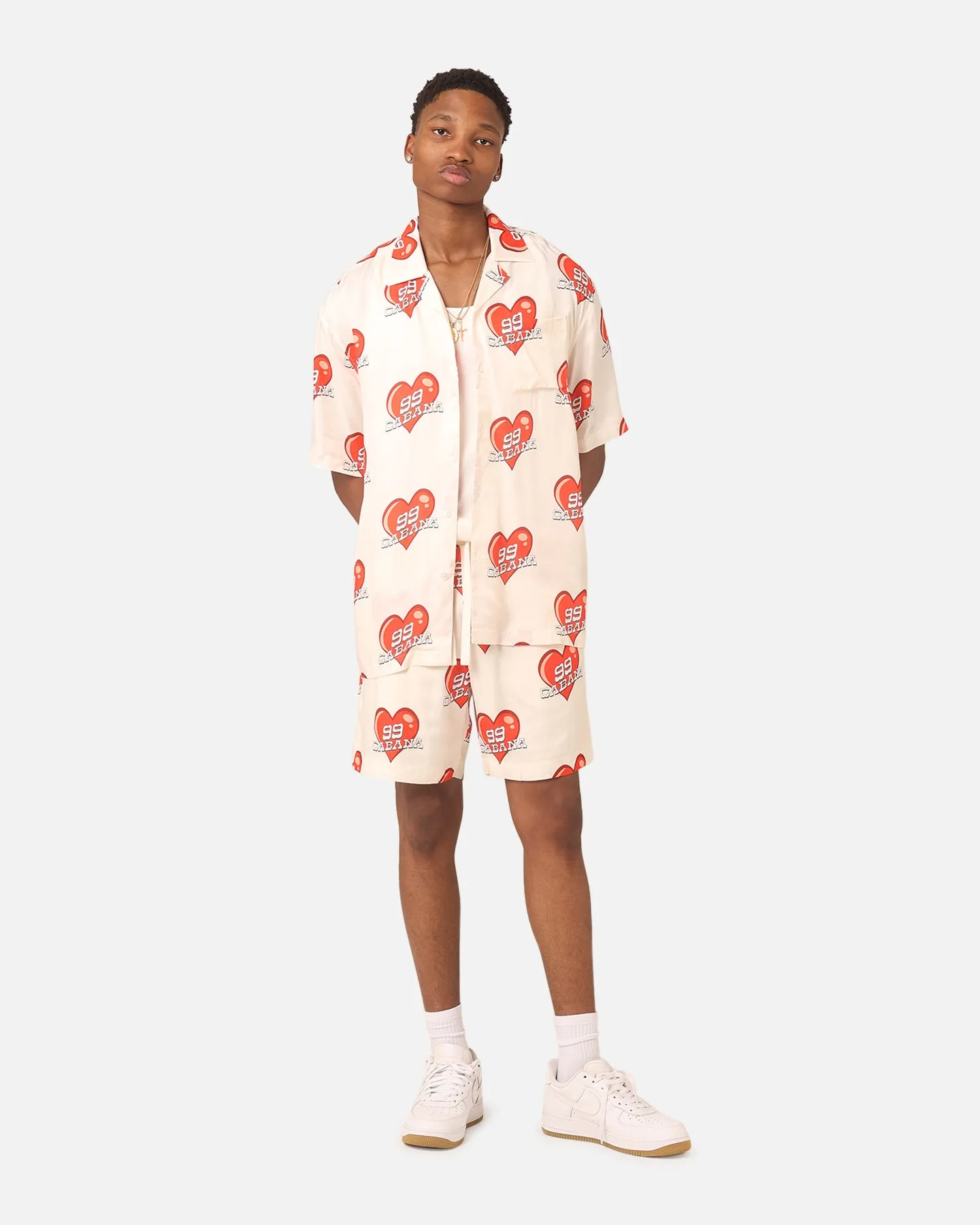 99 Cabana Roaming Hearts Short Sleeve Button Up Shirt Off White/Red