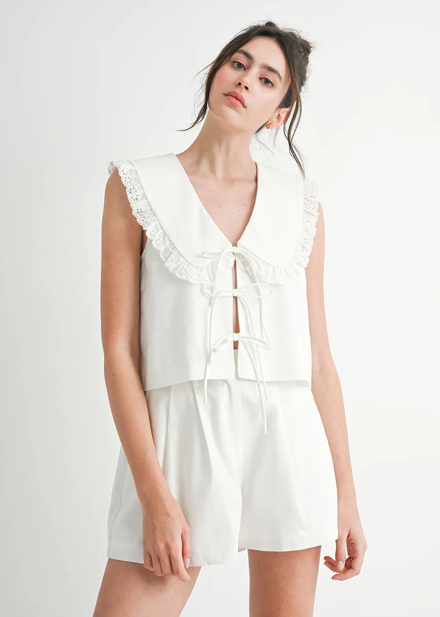 Belle Linen Peterpan Collar Top & Shorts Set - Off-White