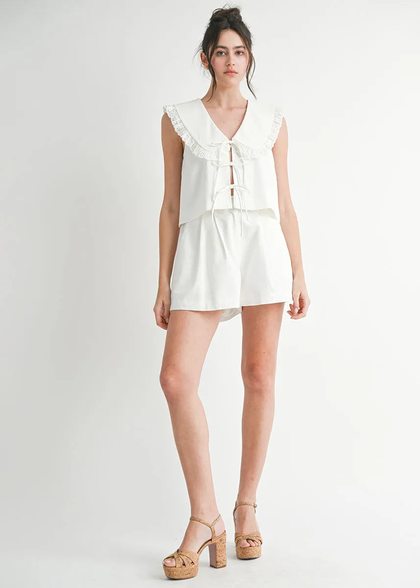 Belle Linen Peterpan Collar Top & Shorts Set - Off-White