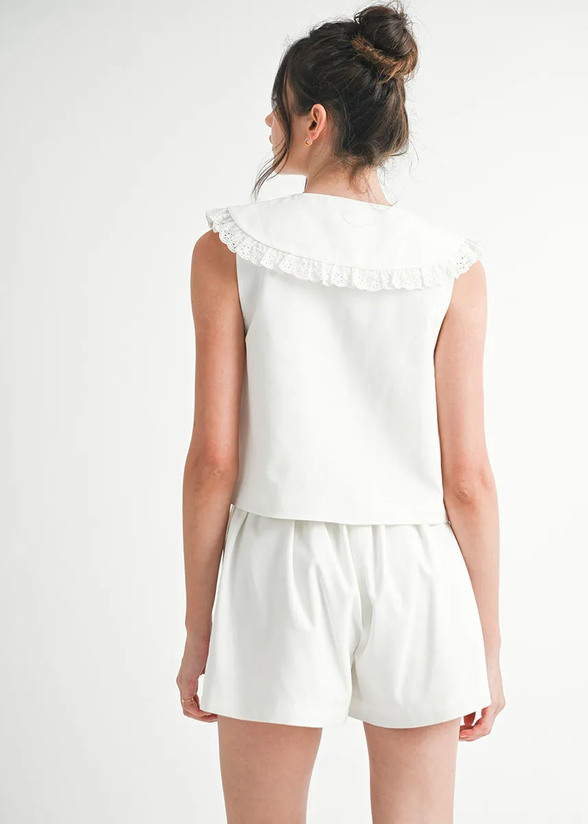 Belle Linen Peterpan Collar Top & Shorts Set - Off-White