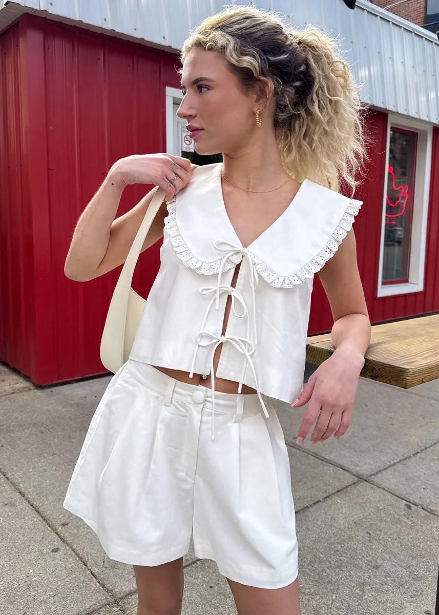 Belle Linen Peterpan Collar Top & Shorts Set - Off-White
