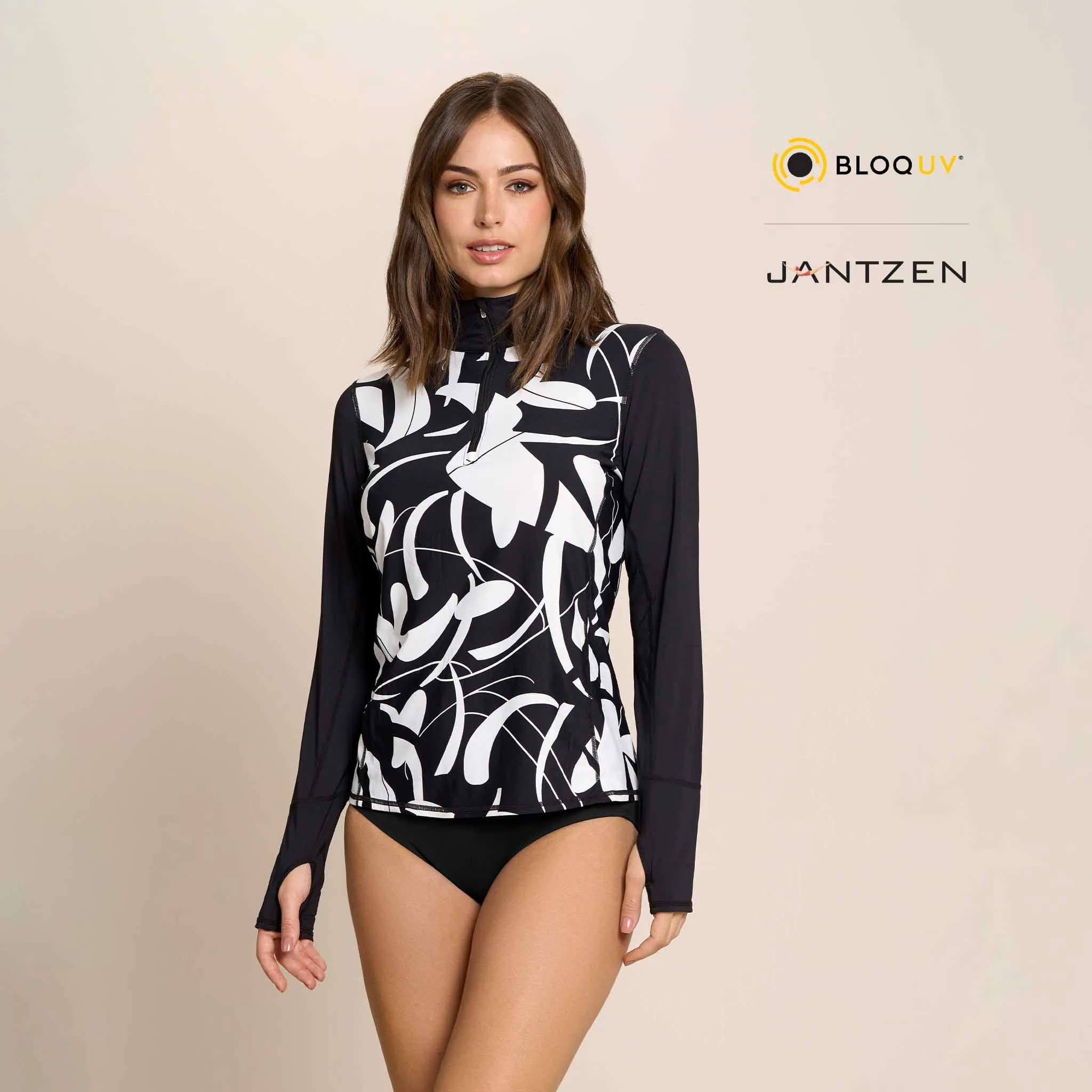 BOTANICAL DOMINO RELAXED MOCK NECK  ZIP TOP