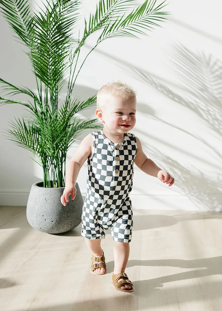 Charcoal Wavy Checkered Short Romper