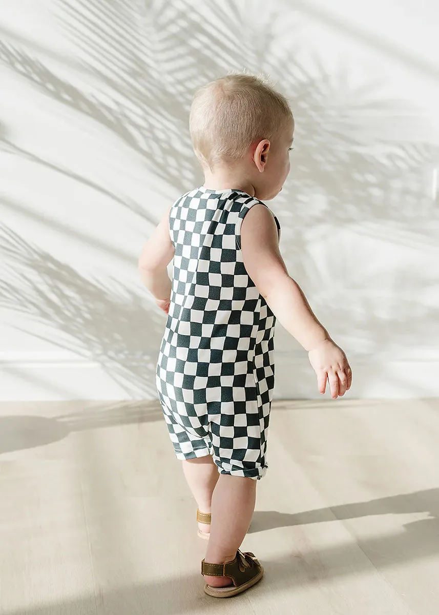 Charcoal Wavy Checkered Short Romper