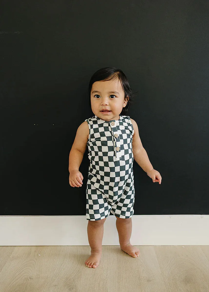 Charcoal Wavy Checkered Short Romper
