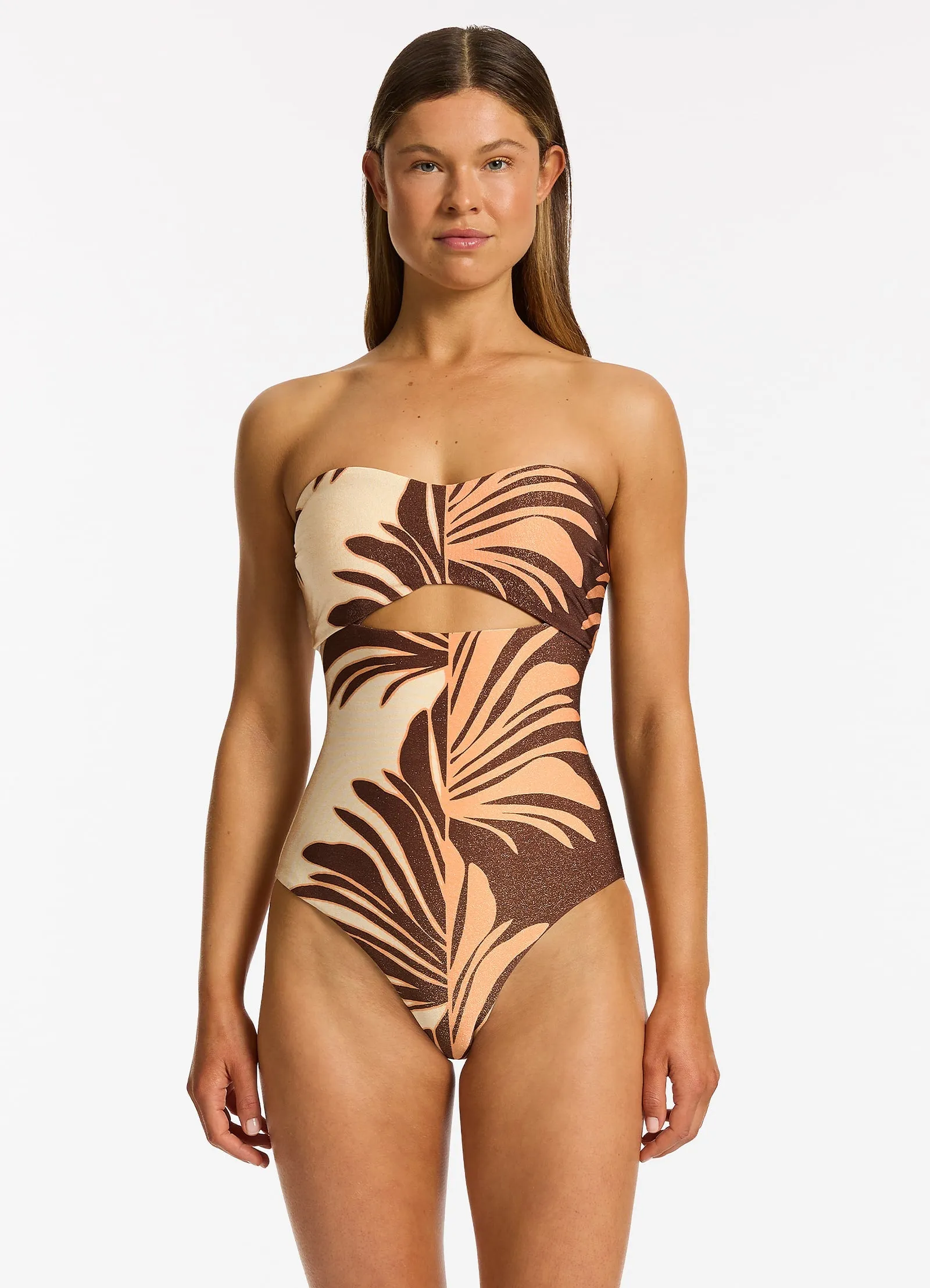 Dahlia Palm Cut Out Bandeau One Piece - Chocolate