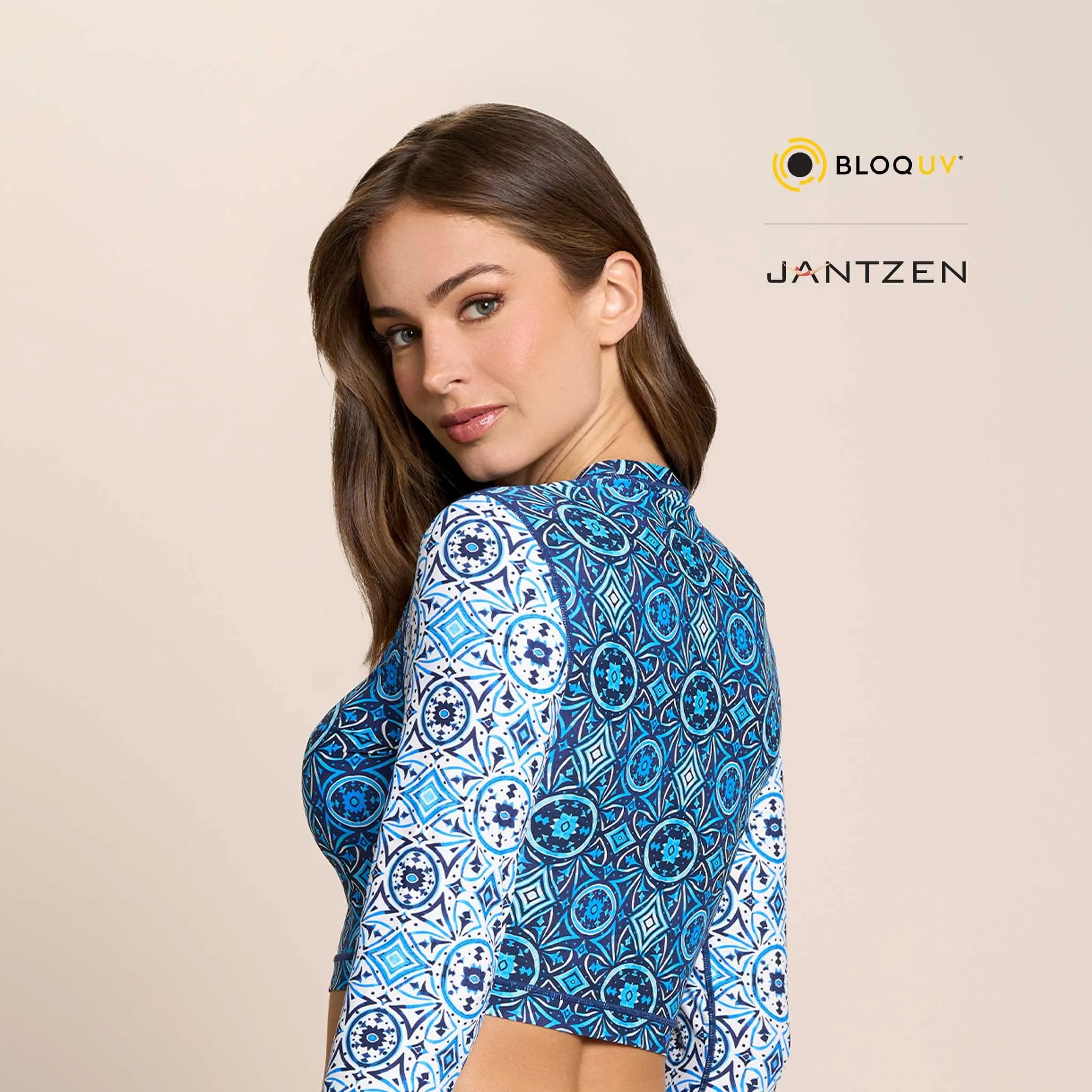 MOROCCAN TILES CROPPED SWIM RASH GUARD TEE TOP
