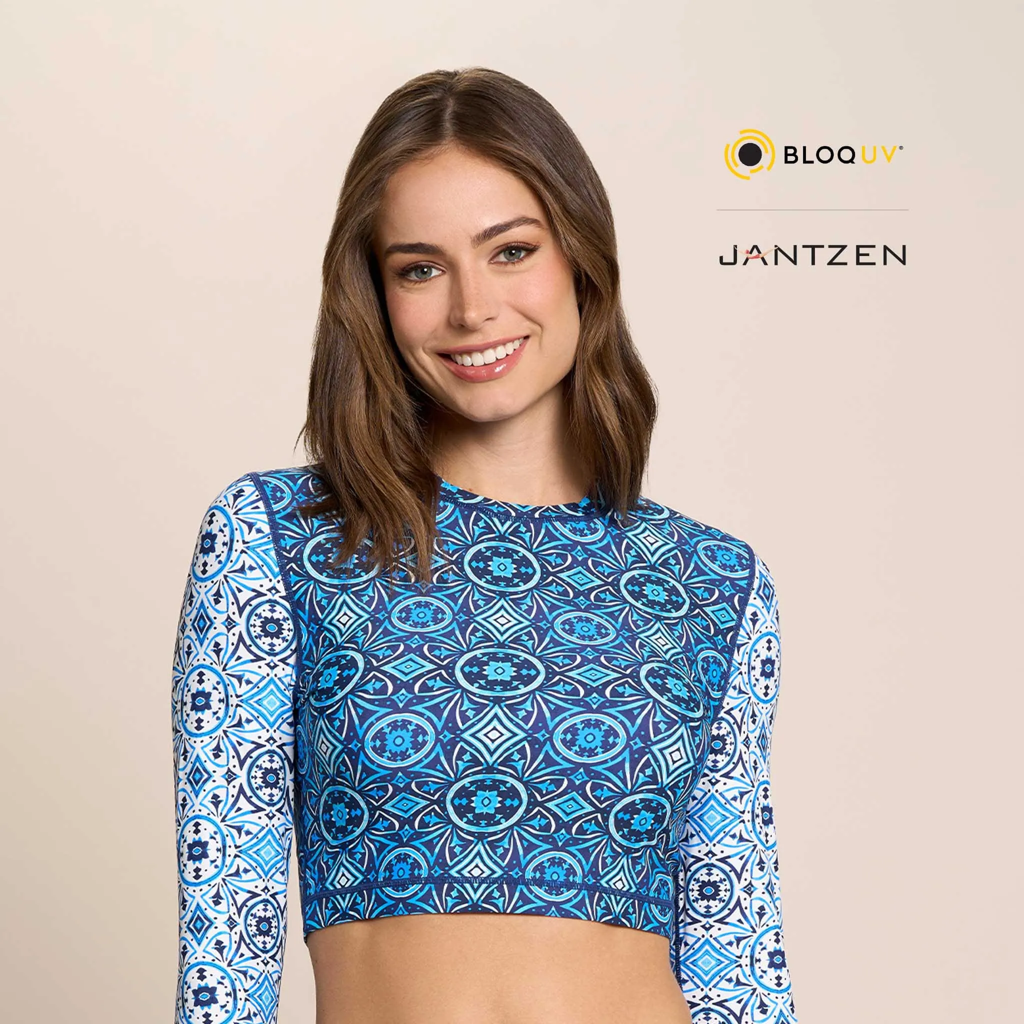 MOROCCAN TILES CROPPED SWIM RASH GUARD TEE TOP
