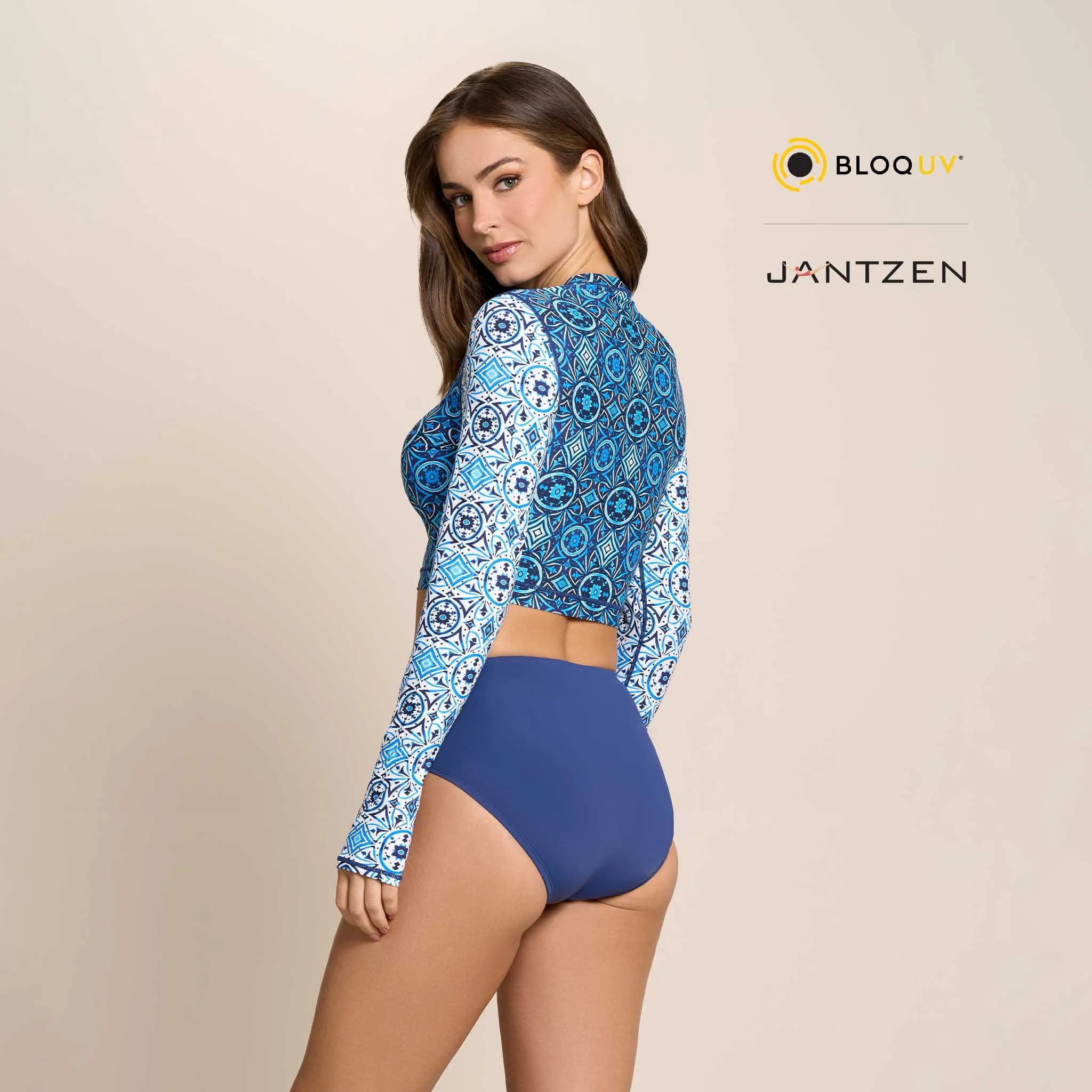 MOROCCAN TILES CROPPED SWIM RASH GUARD TEE TOP