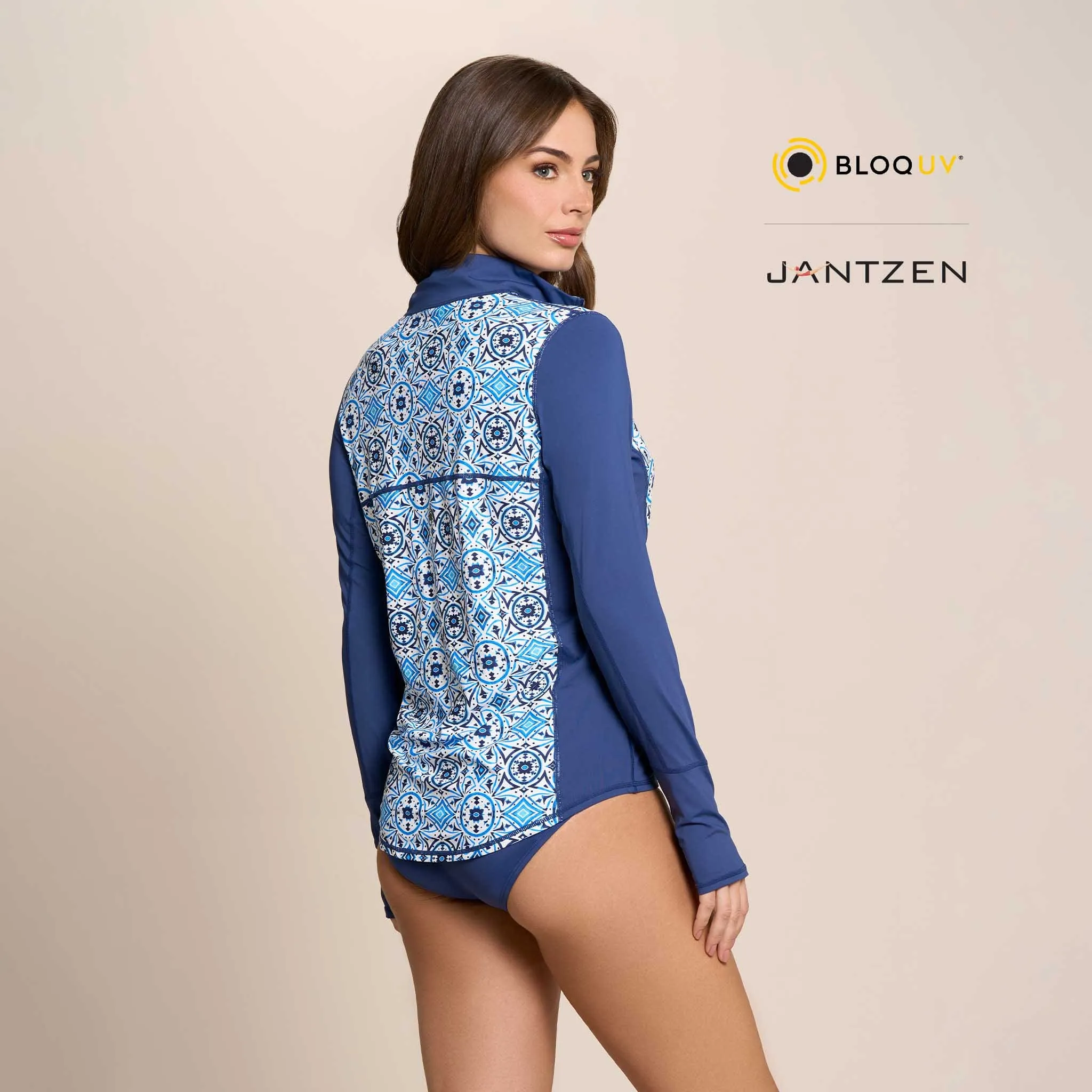 MOROCCAN TILES RELAXED MOCK NECK ZIP TOP
