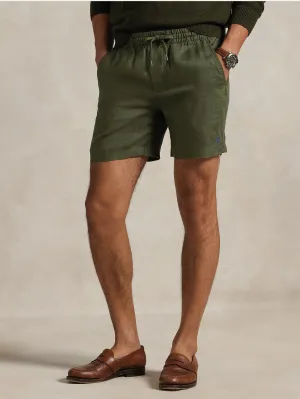 Olive Green Linen Elastic Shorts