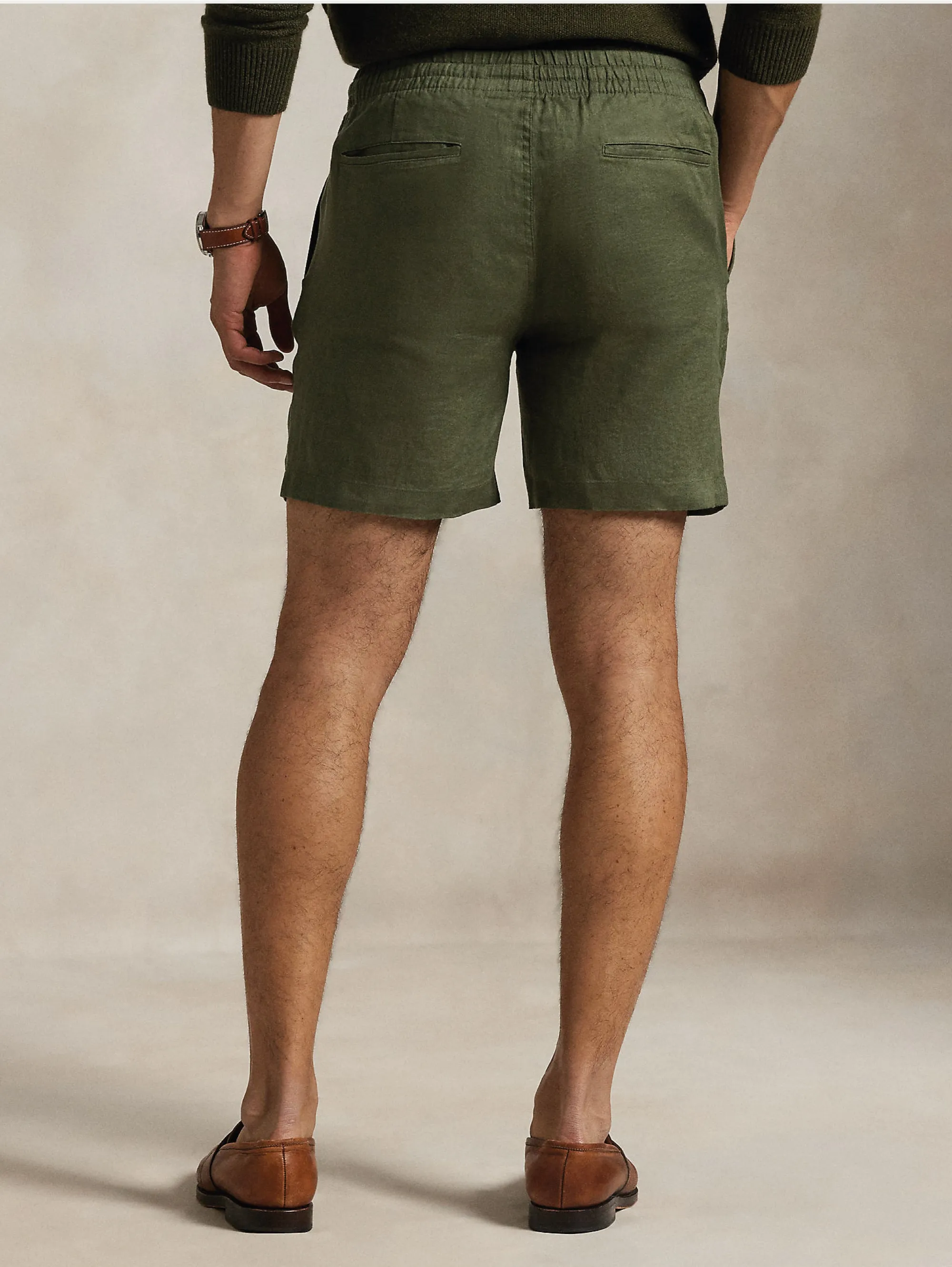 Olive Green Linen Elastic Shorts