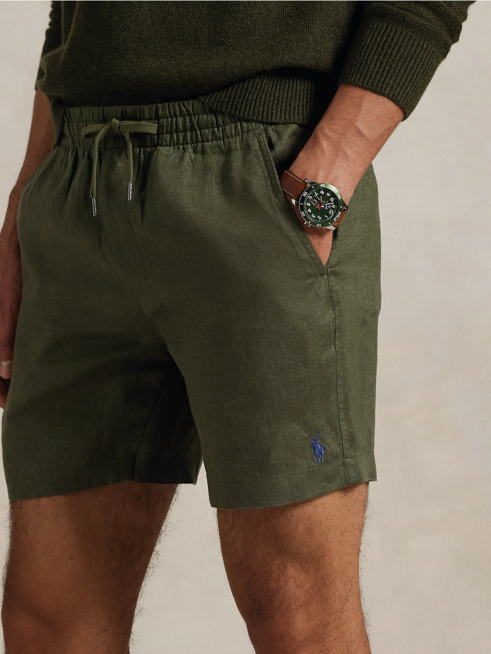 Olive Green Linen Elastic Shorts