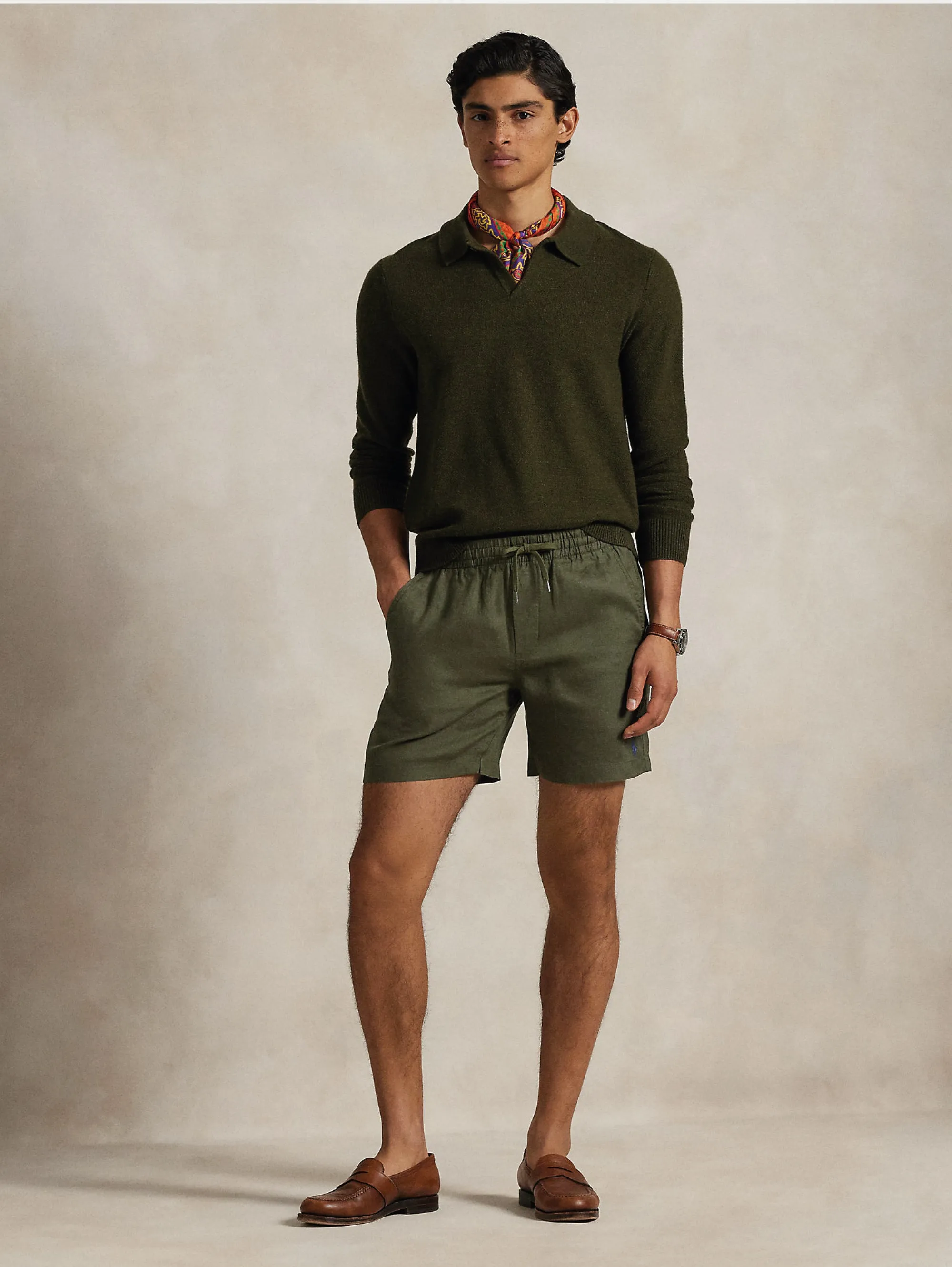 Olive Green Linen Elastic Shorts