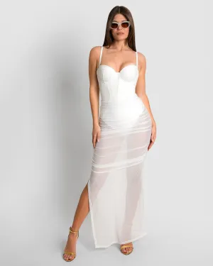 Ruched Sheer Midi Skirty - White