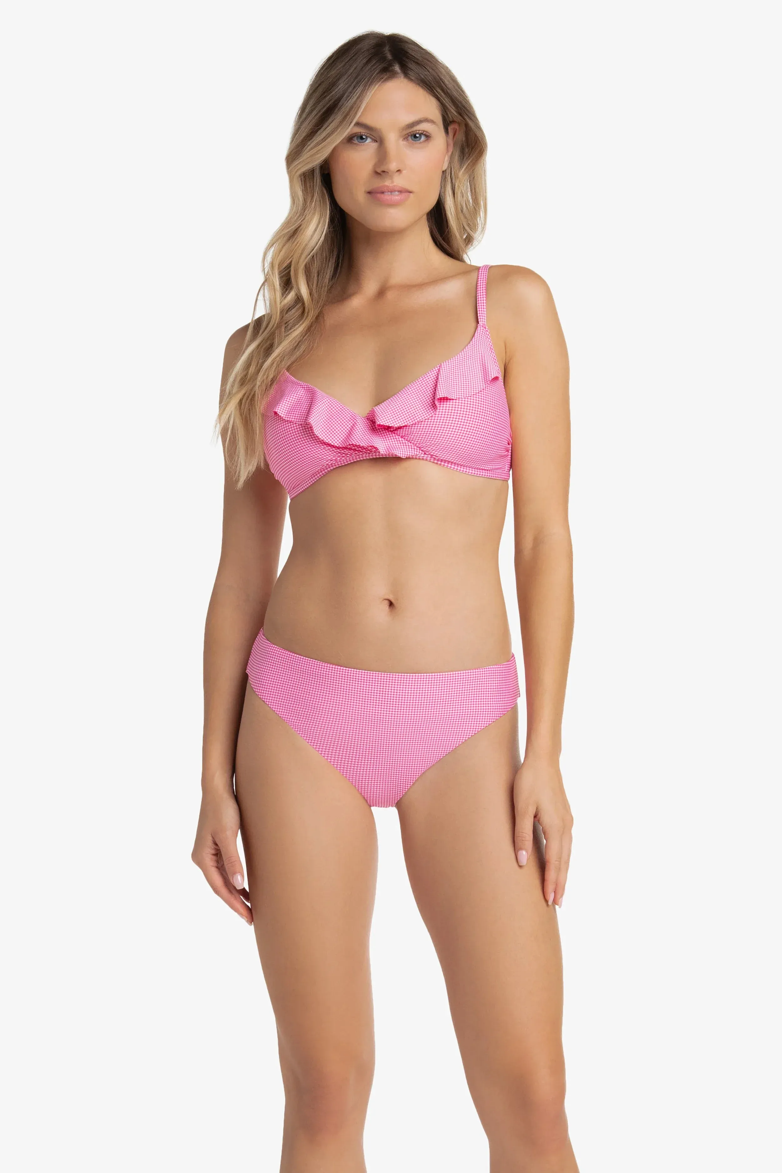 Ruffled Shirred Cross Over Bra  |  Pink Gingham
