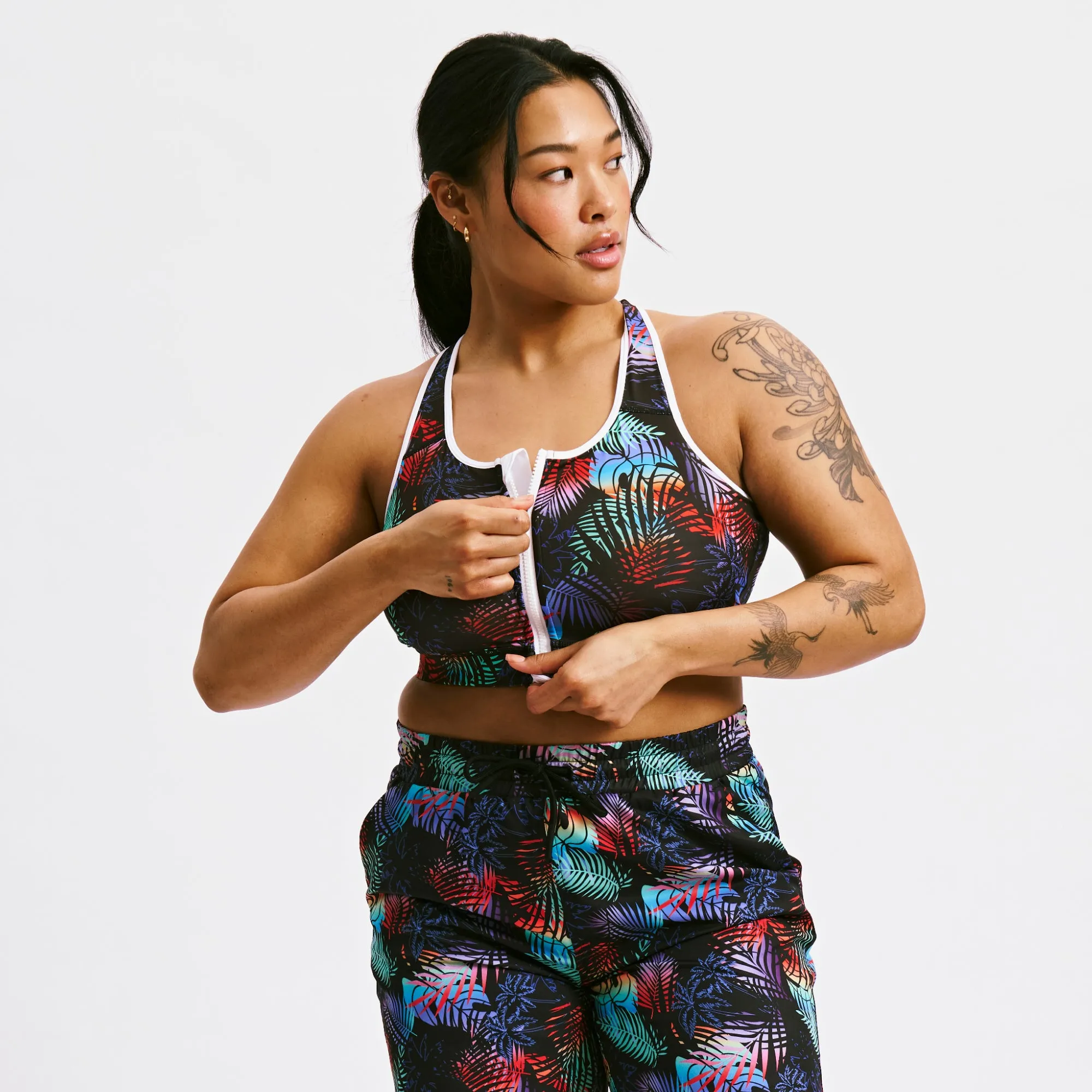 Swim Racerback Zip Compression Top - Palm Dreams