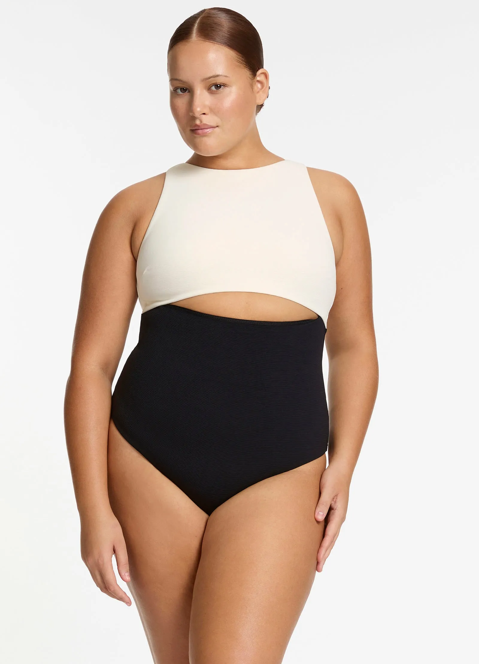 Versa Rib Cut Out High Neck One Piece - Black/Cream