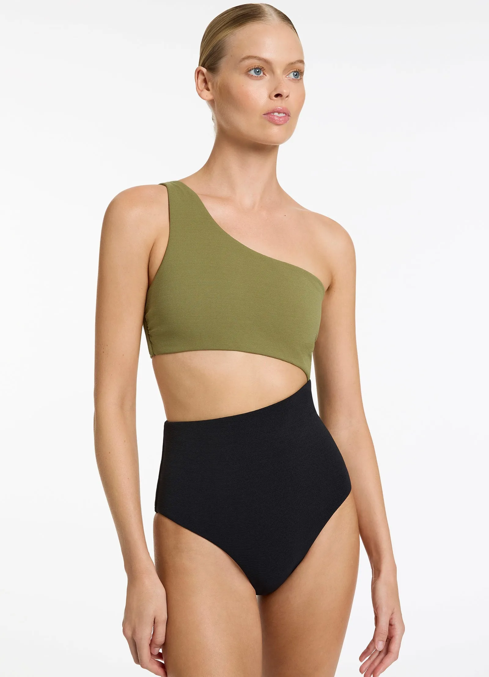 Versa Rib One Shoulder One Piece - Black/Moss